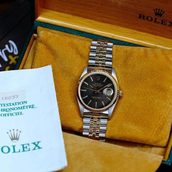 ROLEX MENS DATEJUST 16233 GOLD &STEEL BLACK DIAL FLUTED 36MM WATCH BOX & PAPERS - Picture 2 of 11